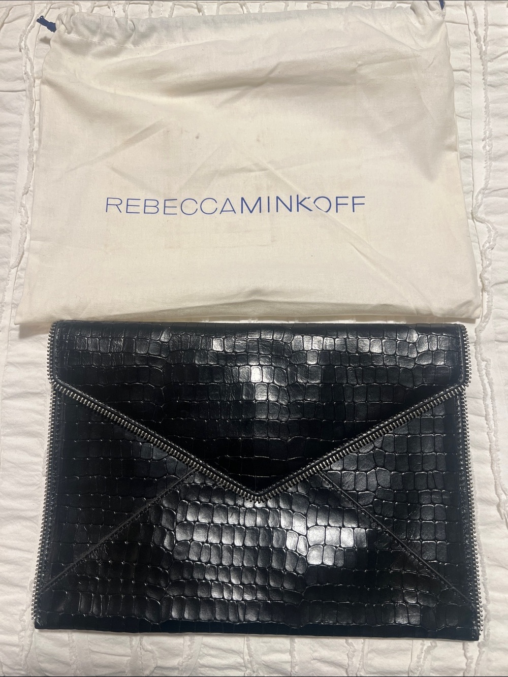 Rebecca Minkoff Black Croc-Embossed Envelope Clutch with Zipper Trim
